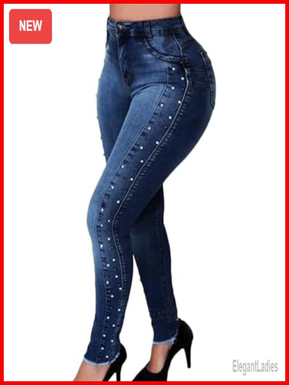High Waisted Pearl Jeans Beaded Rivet Skinny Denim Pants Stretch Pencil Jeggings